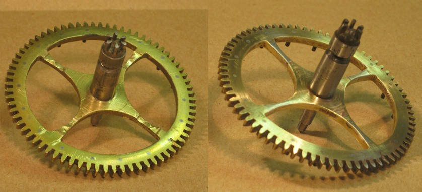 Gearwheel from Dutch clock before and after repair.